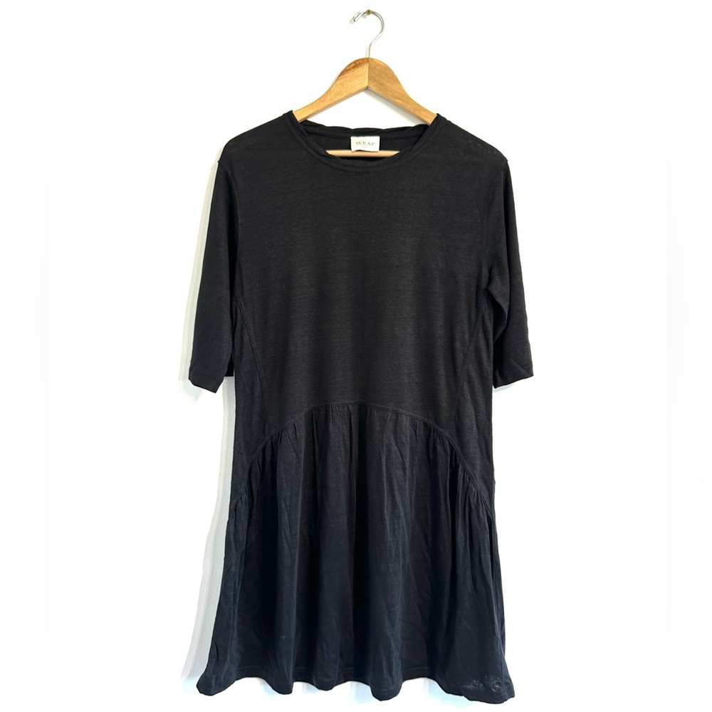 Wrap London Linen Mini Dress solid black slub knit 3/4 sleeve lightweight
